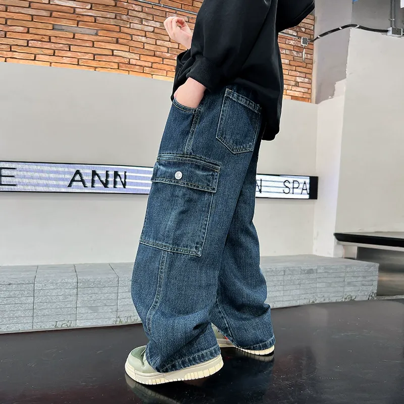 【工裝潮酷】男大童直筒闊腿牛仔褲｜一體絨加絨保暖長褲，青少年美式寬鬆工裝褲 (110-170cm)