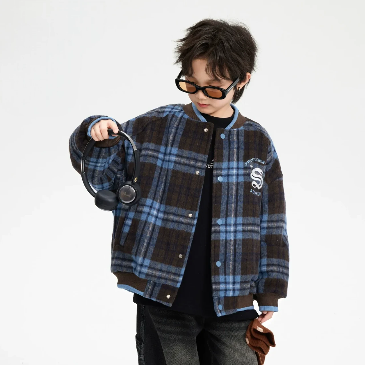 【潮流英倫】男大童毛呢格子棒球棉服｜青少年加厚鋪棉外套，兒童美式復古撞色運動夾克 (120-180cm)