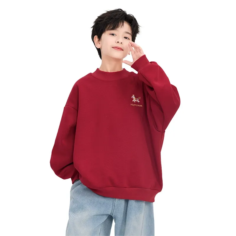 【賀歲必備】男大童馬年紅色加絨衛衣｜青少年半高領保暖上衣，新年加厚蓄熱長 T 恤，生肖圖騰休閒衫 (120-180cm)