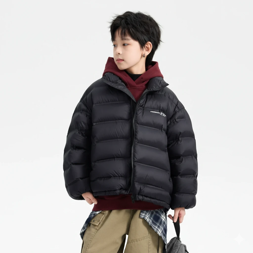 【免洗機能】男大童短版羽絨服｜90% 白鴨絨蓄熱外套，青少年戶外防寒夾克，抗髒污免水洗羽絨大衣 (120-180cm)