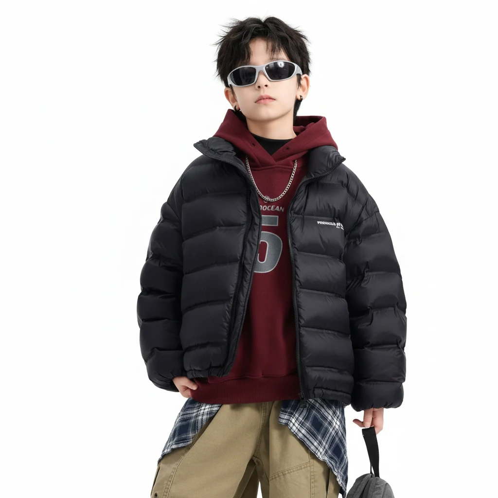 【免洗機能】男大童短版羽絨服｜90% 白鴨絨蓄熱外套，青少年戶外防寒夾克，抗髒污免水洗羽絨大衣 (120-180cm)
