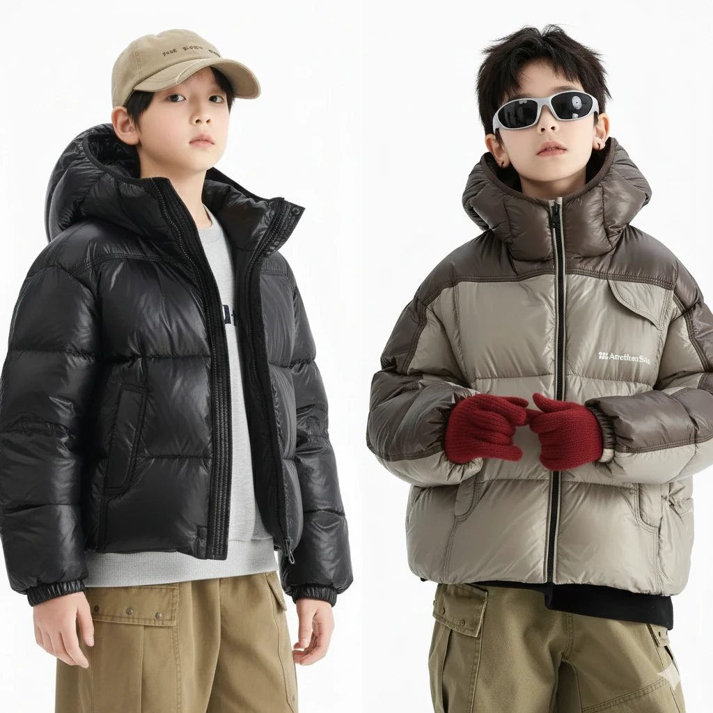 【極地蓄熱】男大童防水麵包羽絨服｜90% 白鴨絨連帽外套，青少年短版防寒大衣，冬日機能保暖夾克 (120-180cm)