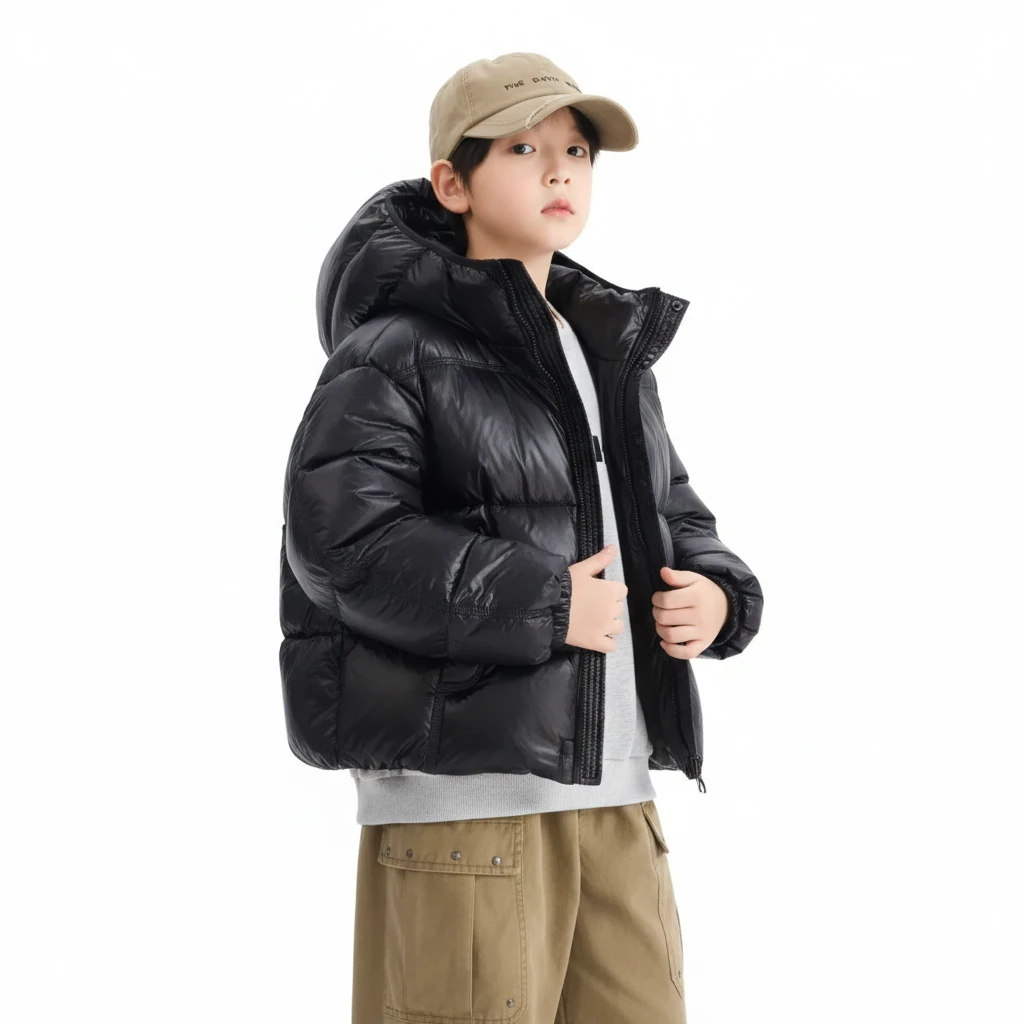 【極地蓄熱】男大童防水麵包羽絨服｜90% 白鴨絨連帽外套，青少年短版防寒大衣，冬日機能保暖夾克 (120-180cm)