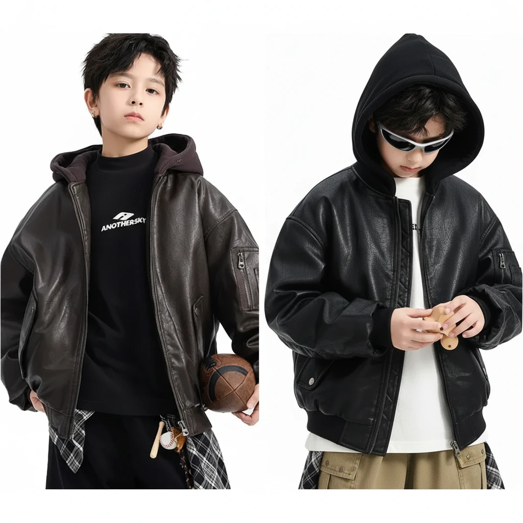 【硬派潮流】男大童機車風連帽皮外套｜青少年防風加厚棉服，兒童仿皮夾克夾棉上衣，酷炫騎士風冬裝 (120-180cm)
