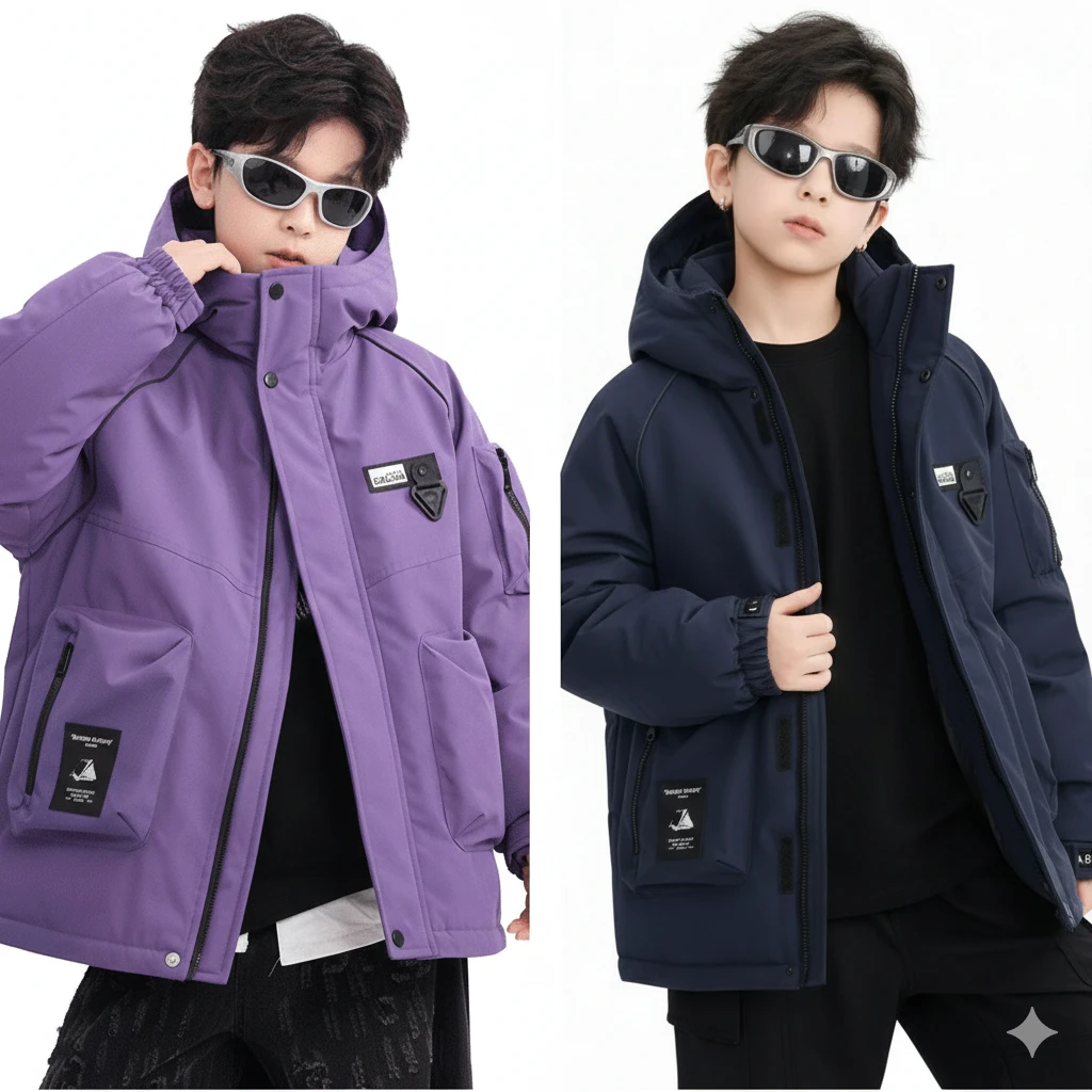 【機能戰甲】男大童工裝衝鋒羽絨服｜90% 白鴨絨加厚外套，青少年防水防風機能夾克，學生戶外防寒重磅大衣 (120-180cm)