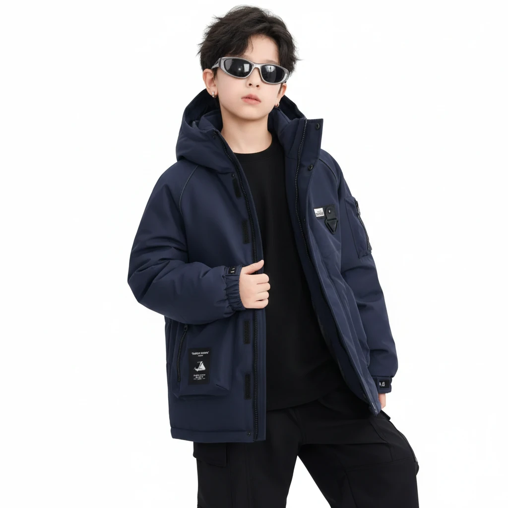 【機能戰甲】男大童工裝衝鋒羽絨服｜90% 白鴨絨加厚外套，青少年防水防風機能夾克，學生戶外防寒重磅大衣 (120-180cm)