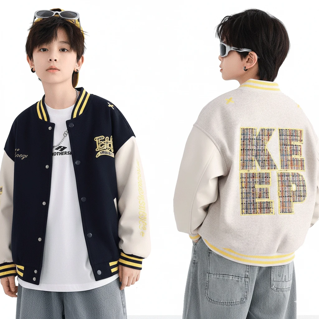 【美式學院】男大童拼接棒球服外套｜青少年質感毛呢夾克，兒童春季運動上衣，鋪棉加厚防風外套 (120-180cm)