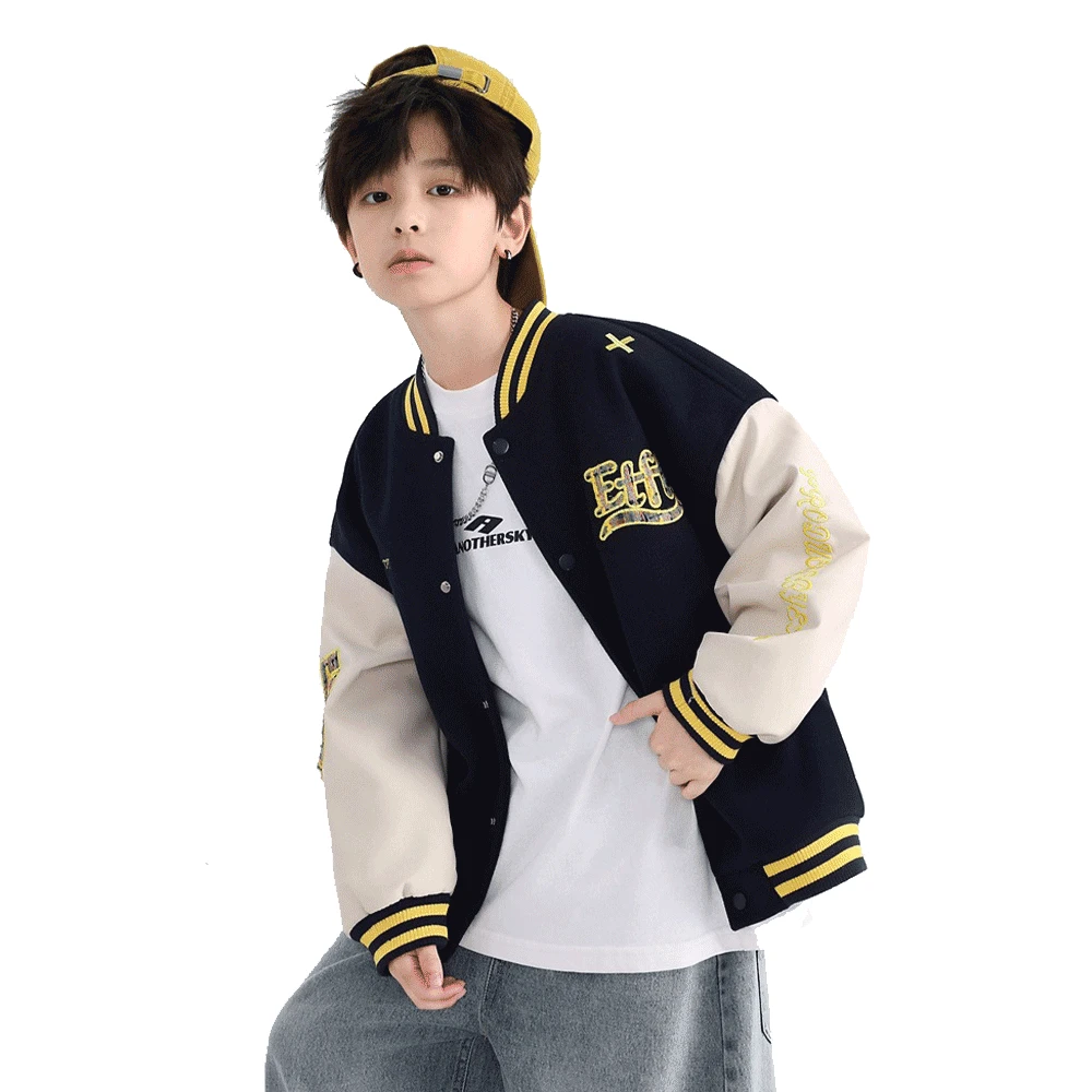 【美式學院】男大童拼接棒球服外套｜青少年質感毛呢夾克，兒童春季運動上衣，鋪棉加厚防風外套 (120-180cm)