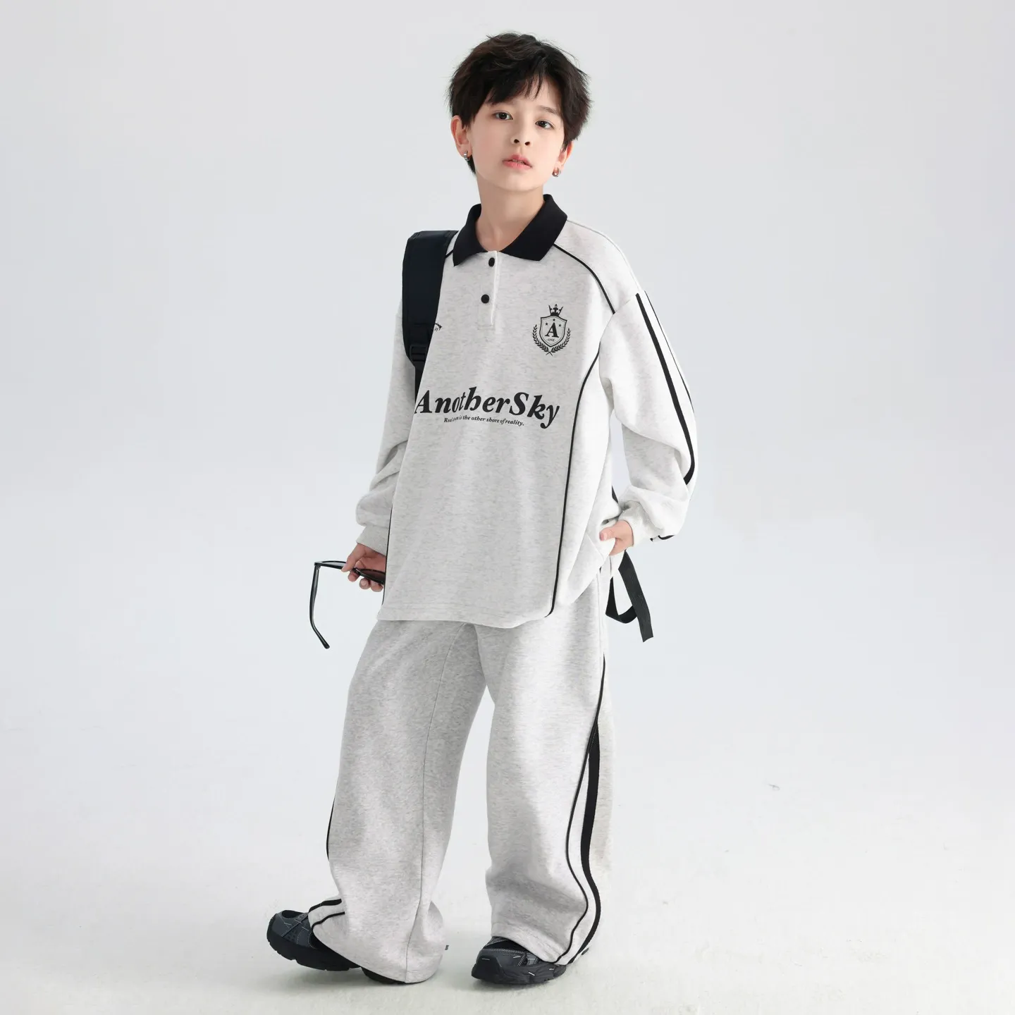 【學院潮流】男大童韓系 Polo 領運動套裝｜中學生寬鬆兩件套，青少年撞色長袖運動衫，兒童休閒闊腿褲組合 (120-180cm)