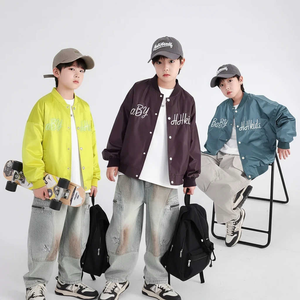 【美式潮牌】男大童防風棒球服外套｜青少年運動飛行夾克，兒童春季帥氣落肩上衣，中大童校園休閒外套 (120-170cm)
