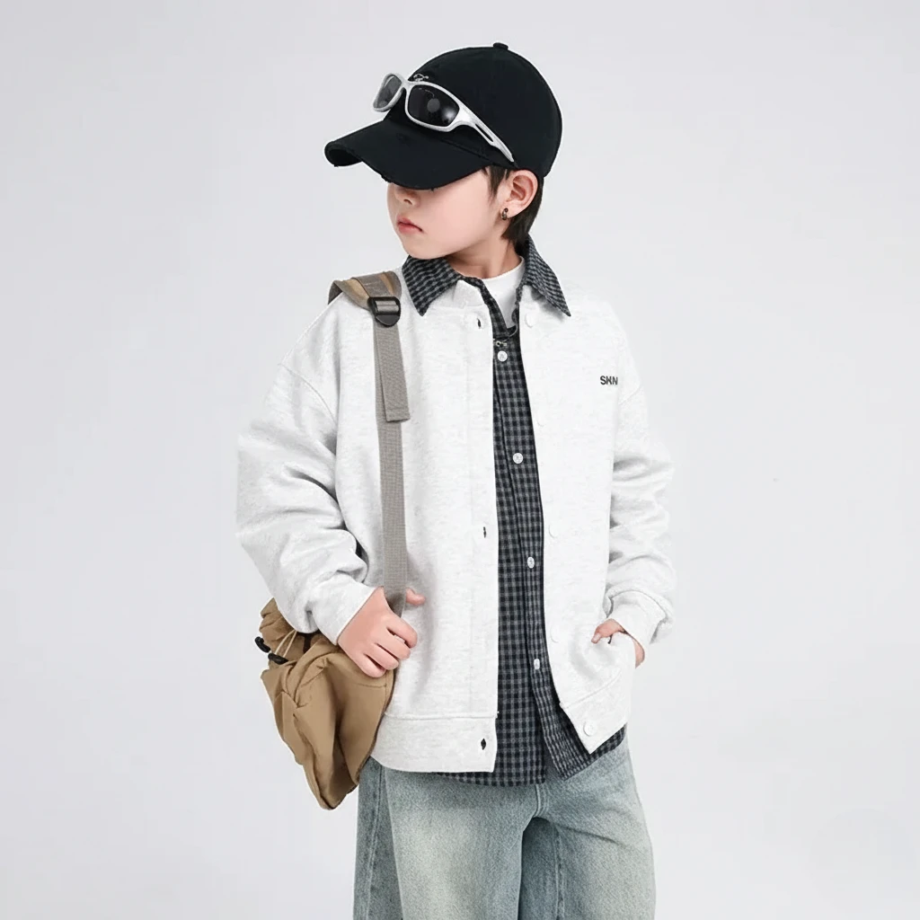 【 Clean Fit 酷帥風】男大童棒球服開襟衛衣｜青少年寬鬆外套，男孩早春休閒上衣，中大童質感排扣夾克 (110-170cm)