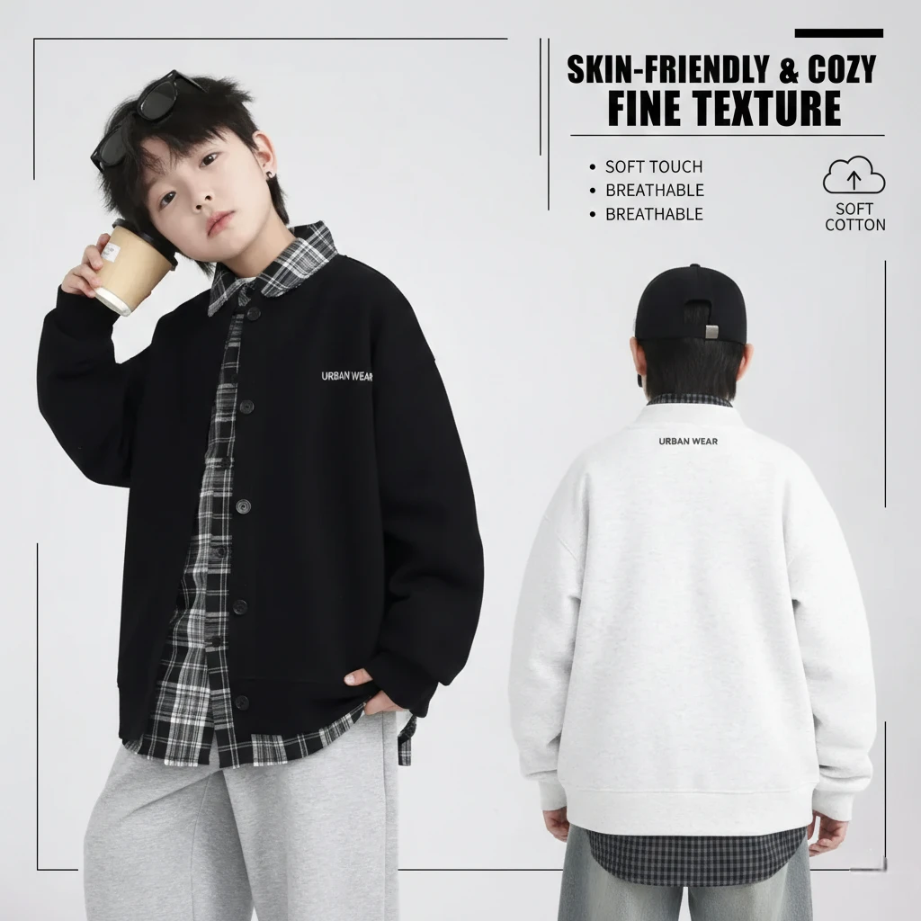 【 Clean Fit 酷帥風】男大童棒球服開襟衛衣｜青少年寬鬆外套，男孩早春休閒上衣，中大童質感排扣夾克 (110-170cm)