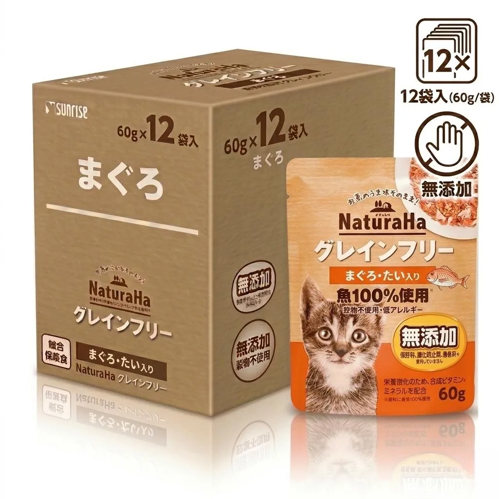 【日本 Sunrise NaturaHa 喵樂事】無穀鮪魚+鯛魚配方貓主食餐包 60g (12入盒裝)