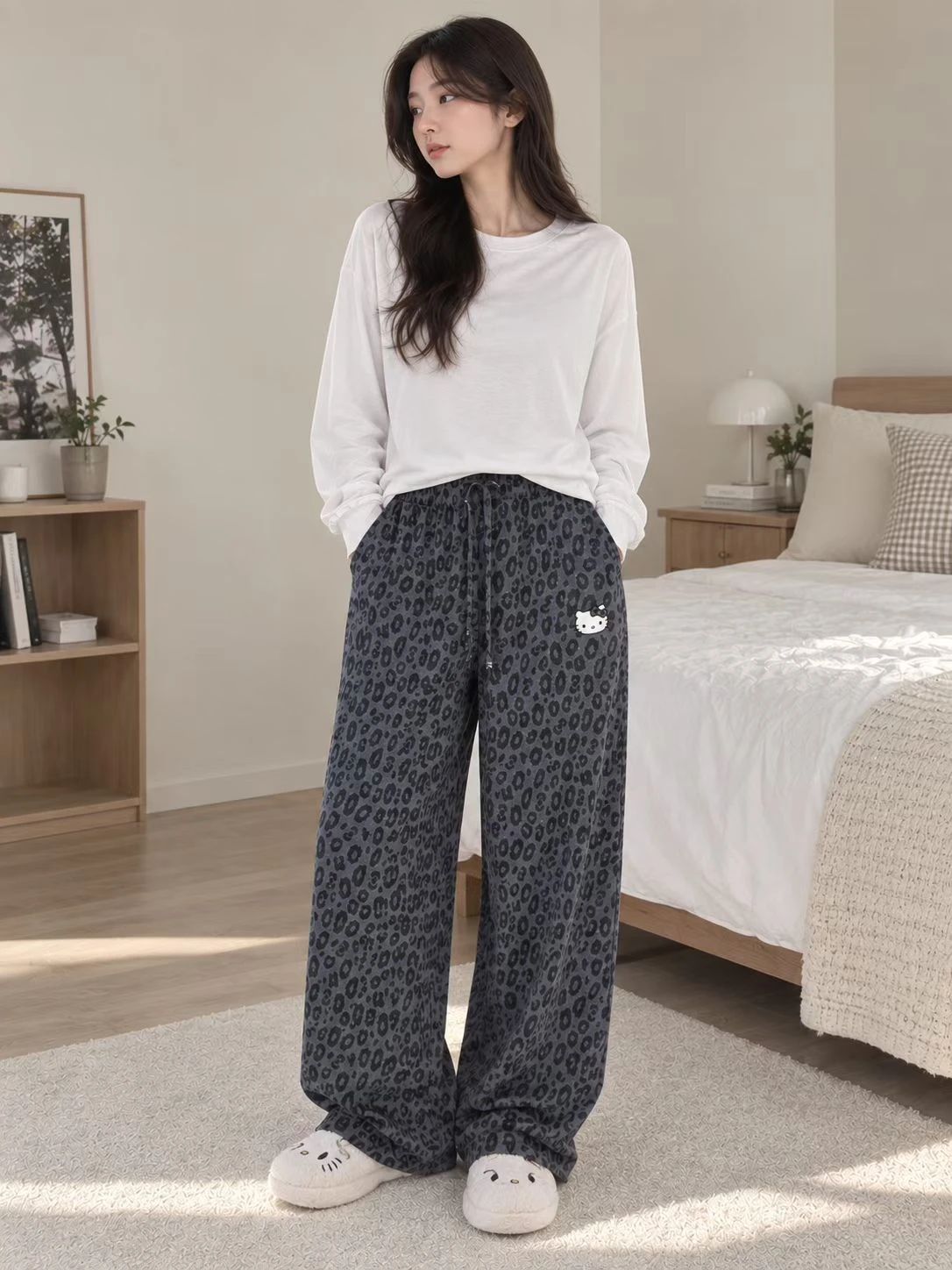 SPAO x Sanrio 聯名 秋冬新款 KITTY 豹紋 睡褲 長褲 居家褲 褲子