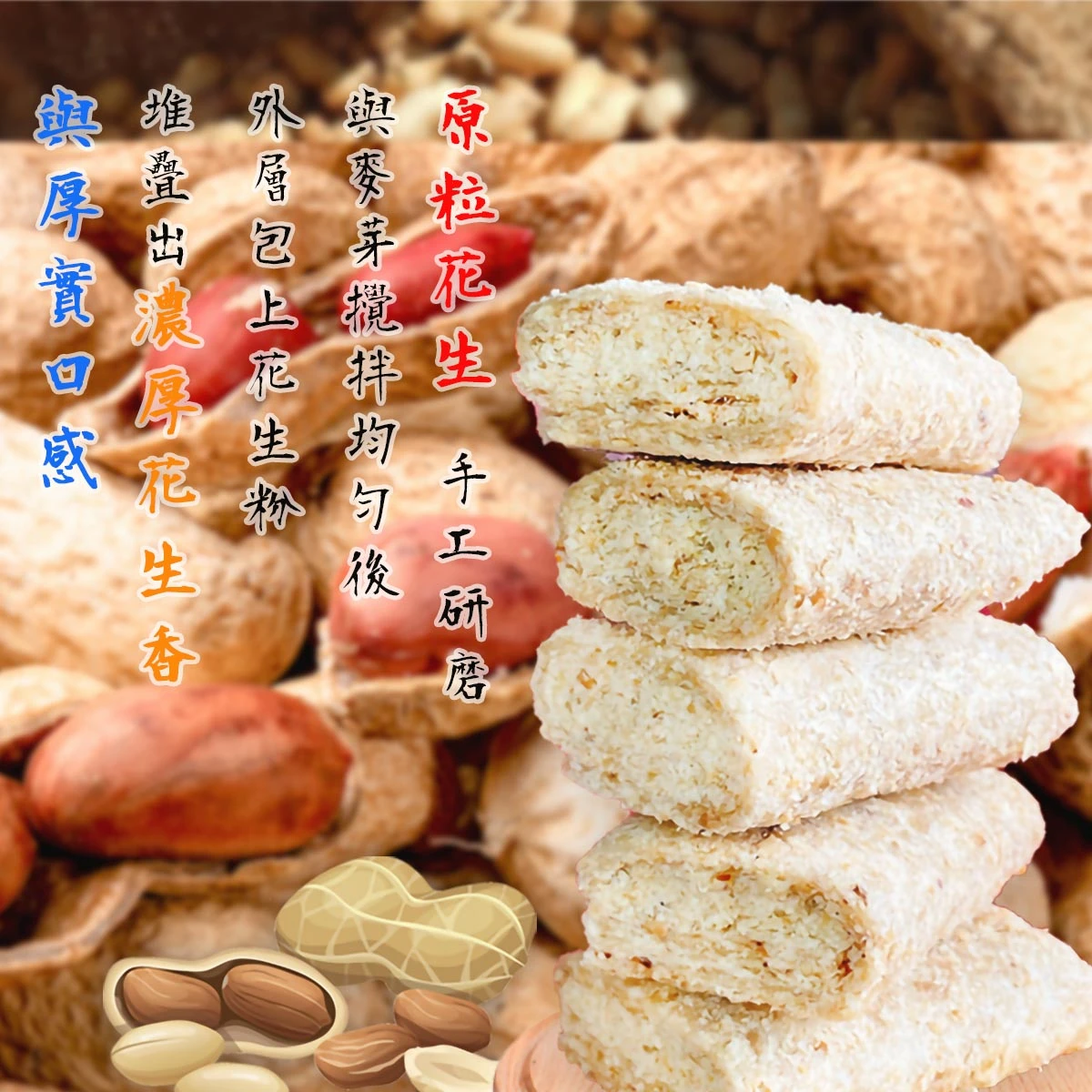 老宅手磨顆粒花生貢糖剖面圖，內層花生顆粒分布