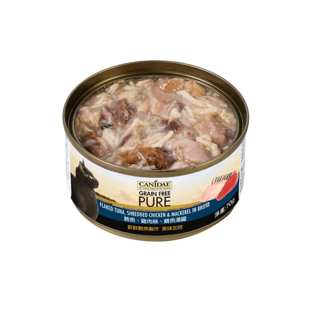 【CANIDAE良善】無穀貓主食罐｜鮪魚、雞肉絲、鯖魚湯罐70g｜24入