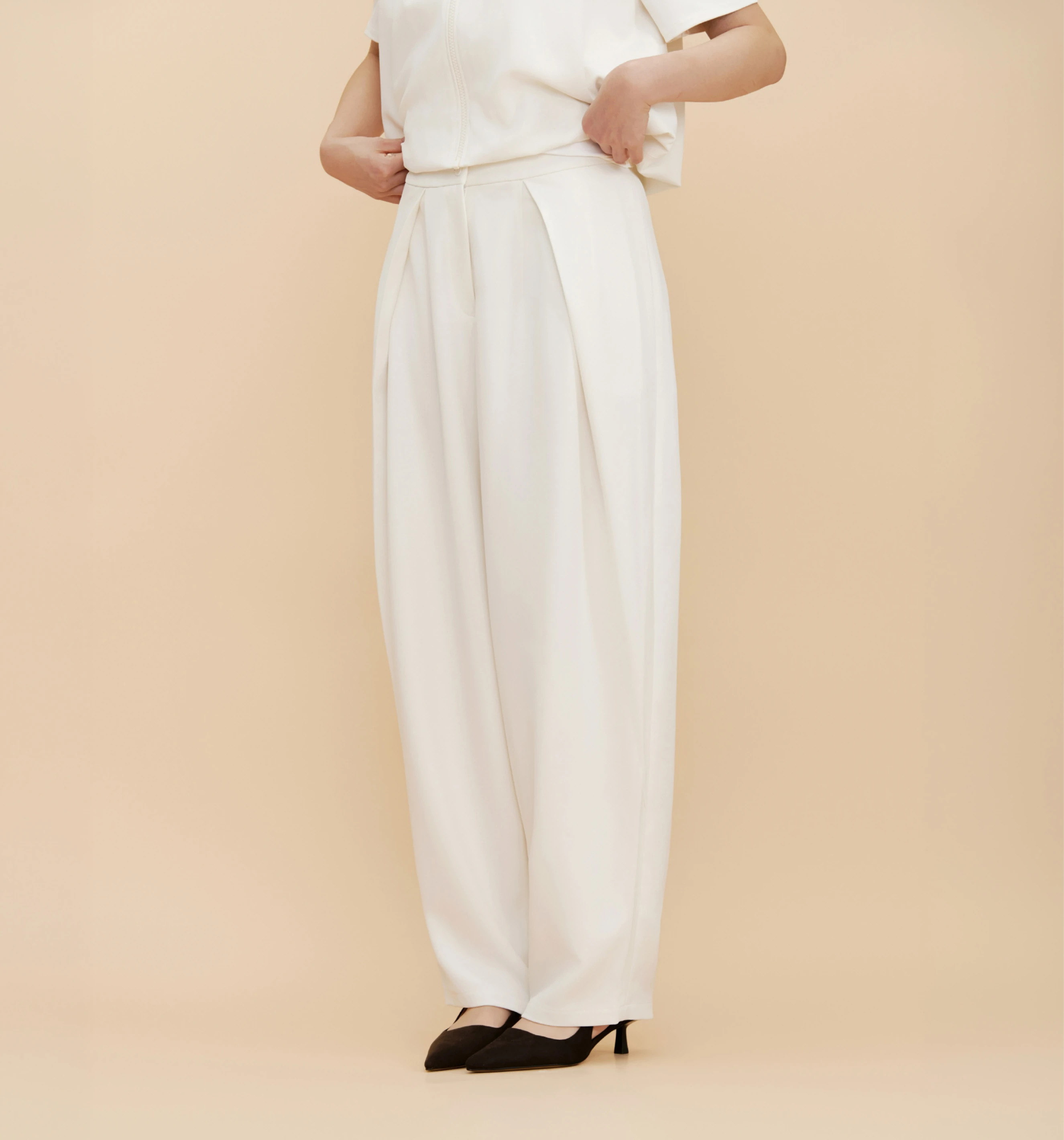 木質紋復古深褶落地西裝褲