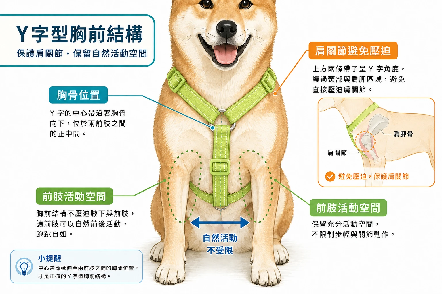Y字型寵物胸背帶胸前結構與前肢位置示意
