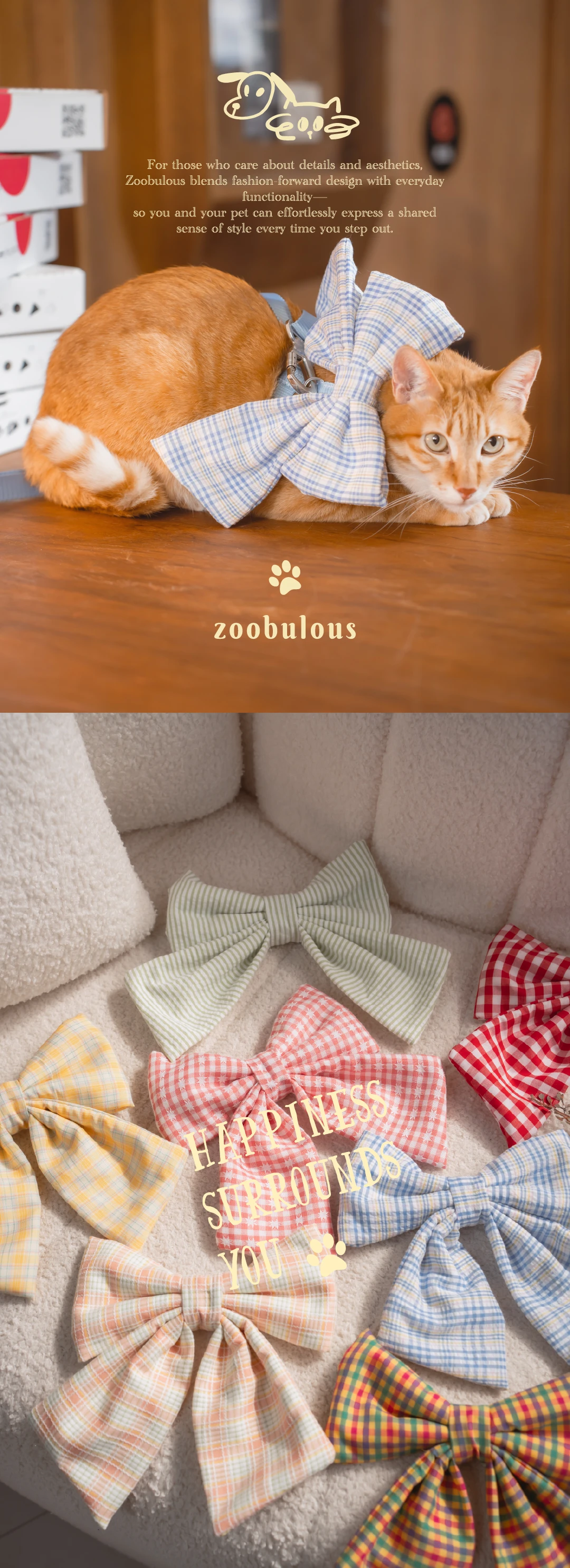 貓咪穿著Zoobulous工字胸背帶搭配可拆式胸背蝴蝶結裝飾穿搭示意