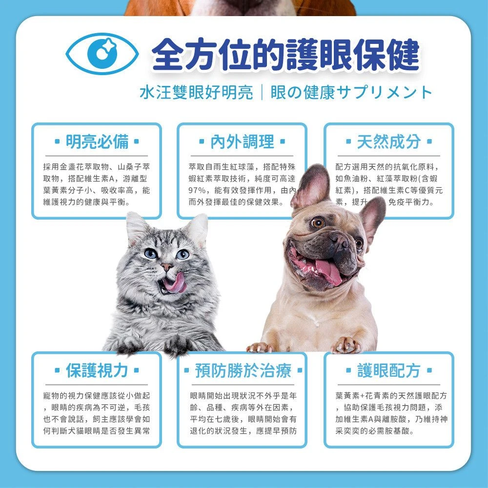 犬貓護眼晶亮保健葉黃素山桑子蝦紅素離胺酸與維生素A配方介紹