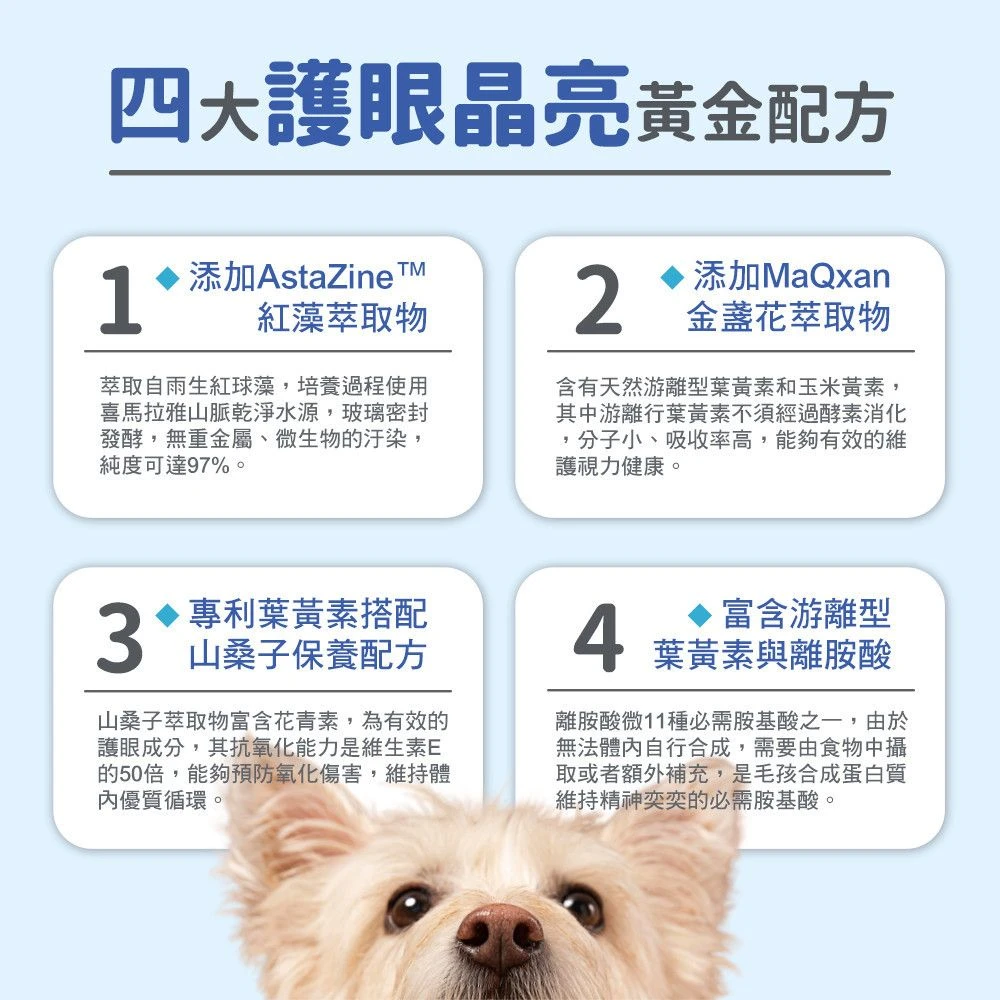 犬貓護眼晶亮四大配方AstaZine紅藻蝦紅素MaQxan葉黃素山桑子離胺酸