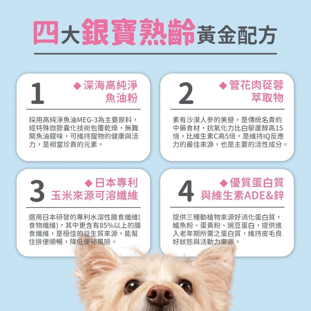 銀寶熟齡犬貓四大營養配方魚油管花肉蓯蓉可溶性纖維蛋白質維生素ADE鋅