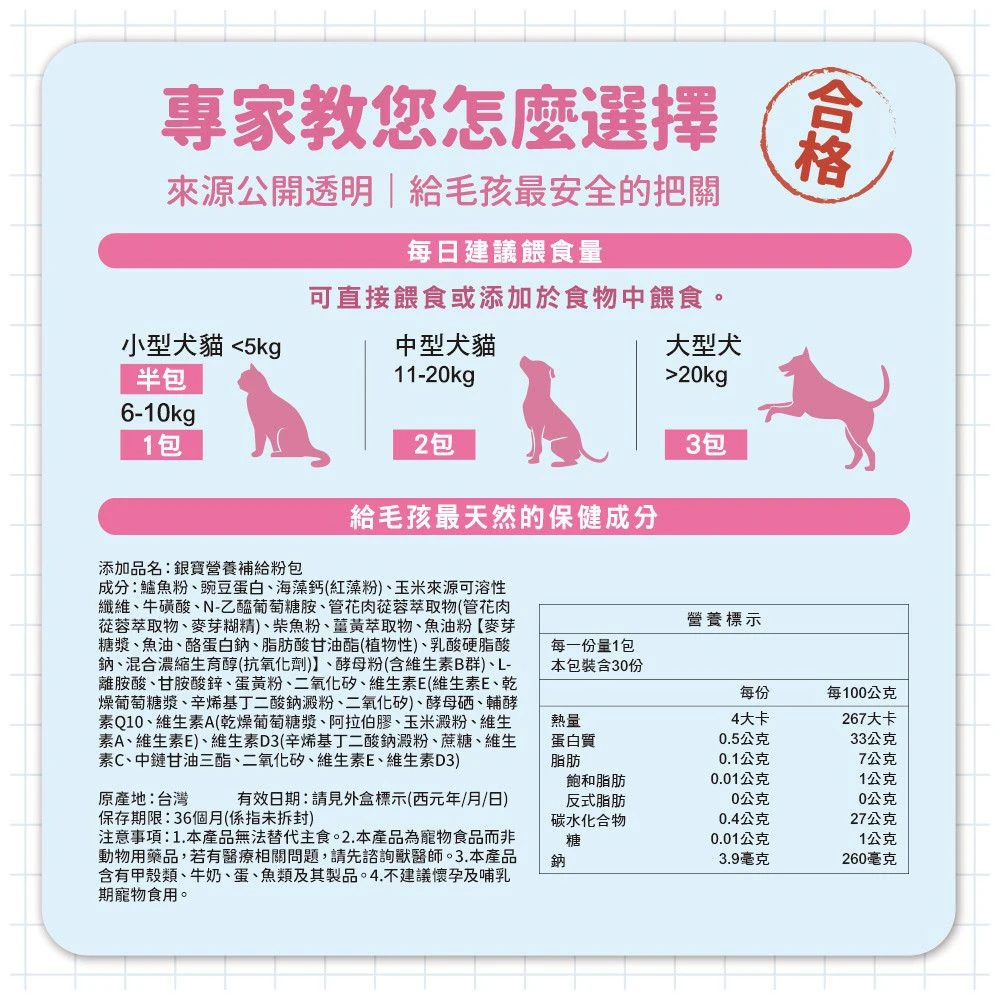 毛孩星球銀寶犬貓熟齡營養補給保健粉每日餵食量完整成分營養標示商品規格
