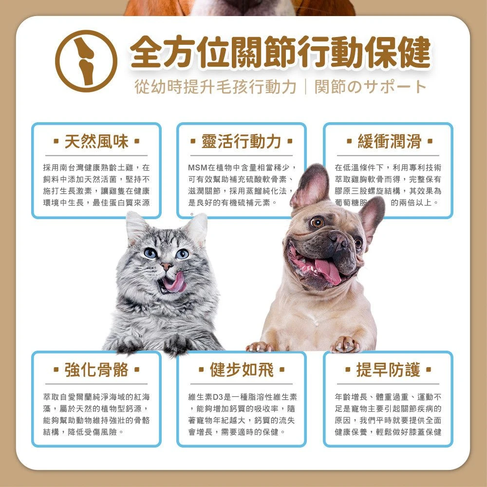 犬貓關節行動力保健MSM二型膠原蛋白海藻鈣維生素D與綠貽貝特色