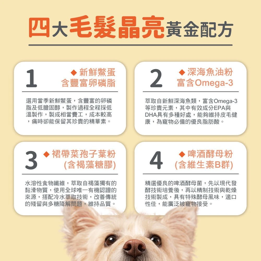 犬貓皮膚毛髮保健四大配方鱉蛋粉深海魚油裙帶菜啤酒酵母粉