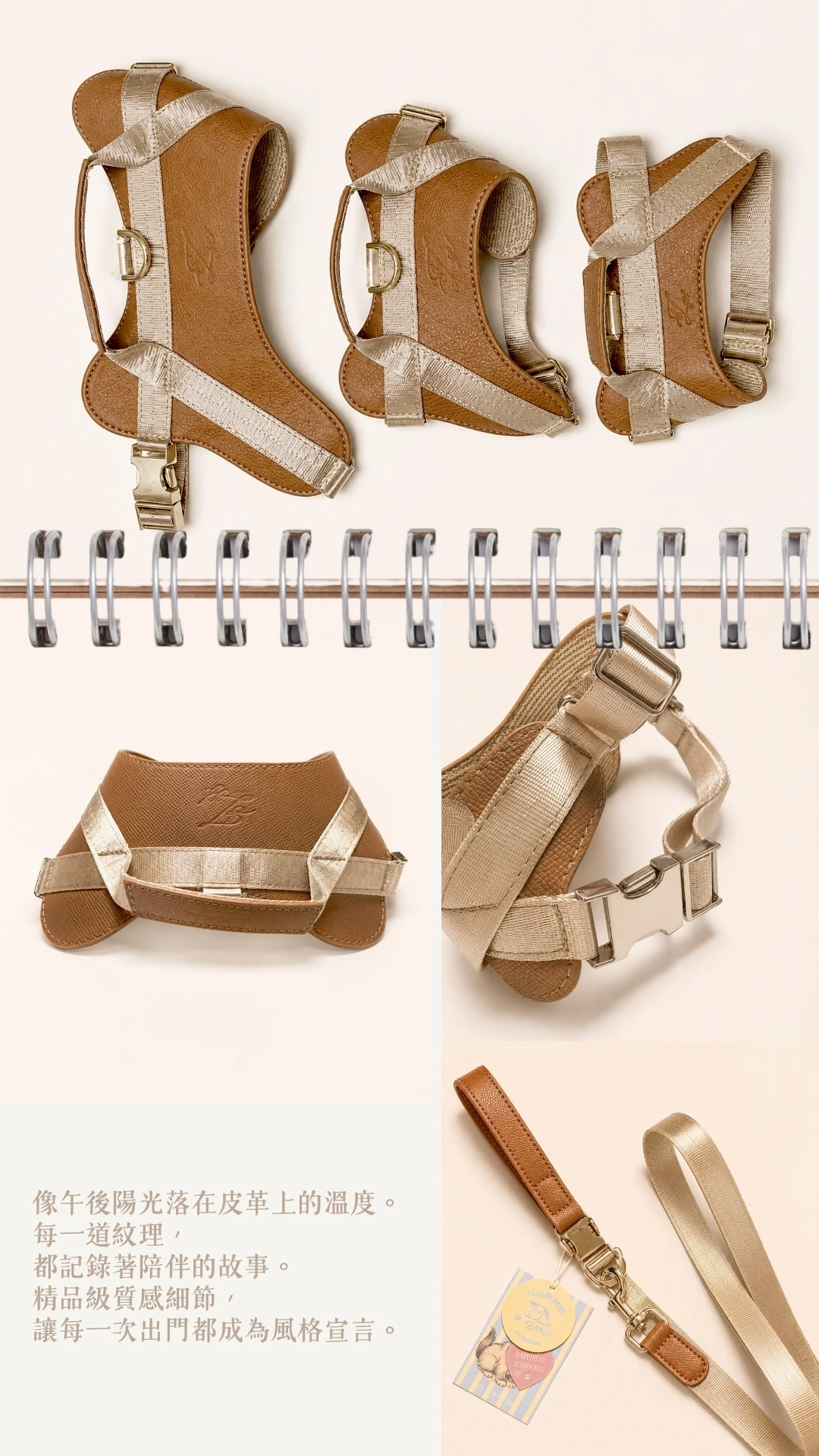焦糖棕馬鞍型狗狗胸背帶扣具、背部結構與牽繩細節