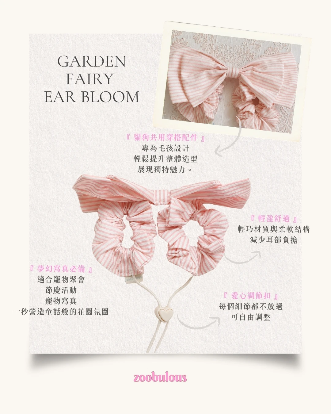 花園精靈貓狗共用寵物耳花系列特色示意，展示其他粉白條紋款的柔軟結構、可調耳圈與愛心調節扣