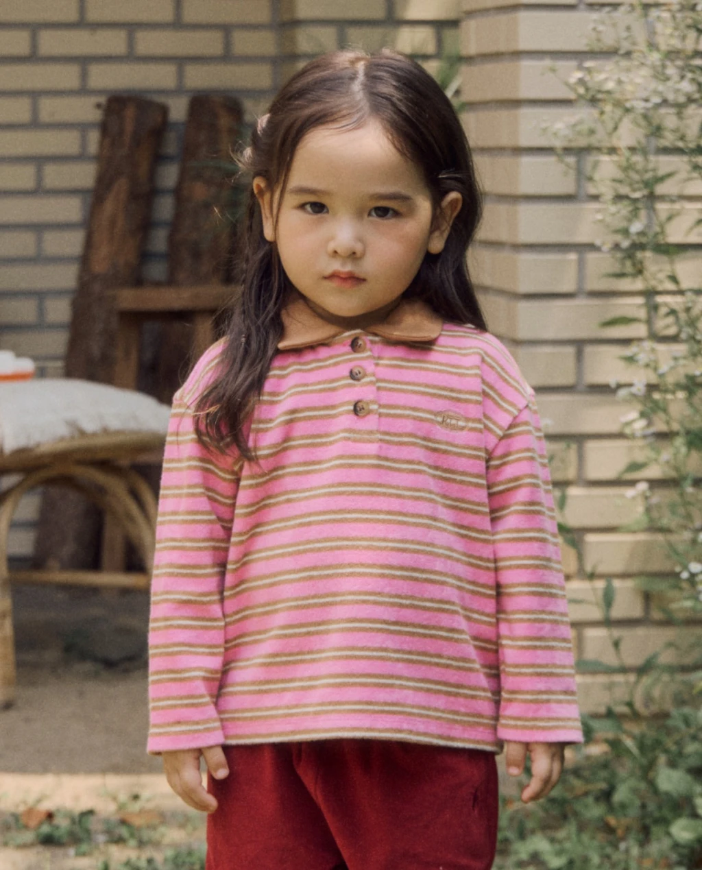 ROTOTO#條紋POLO上衣/粉色