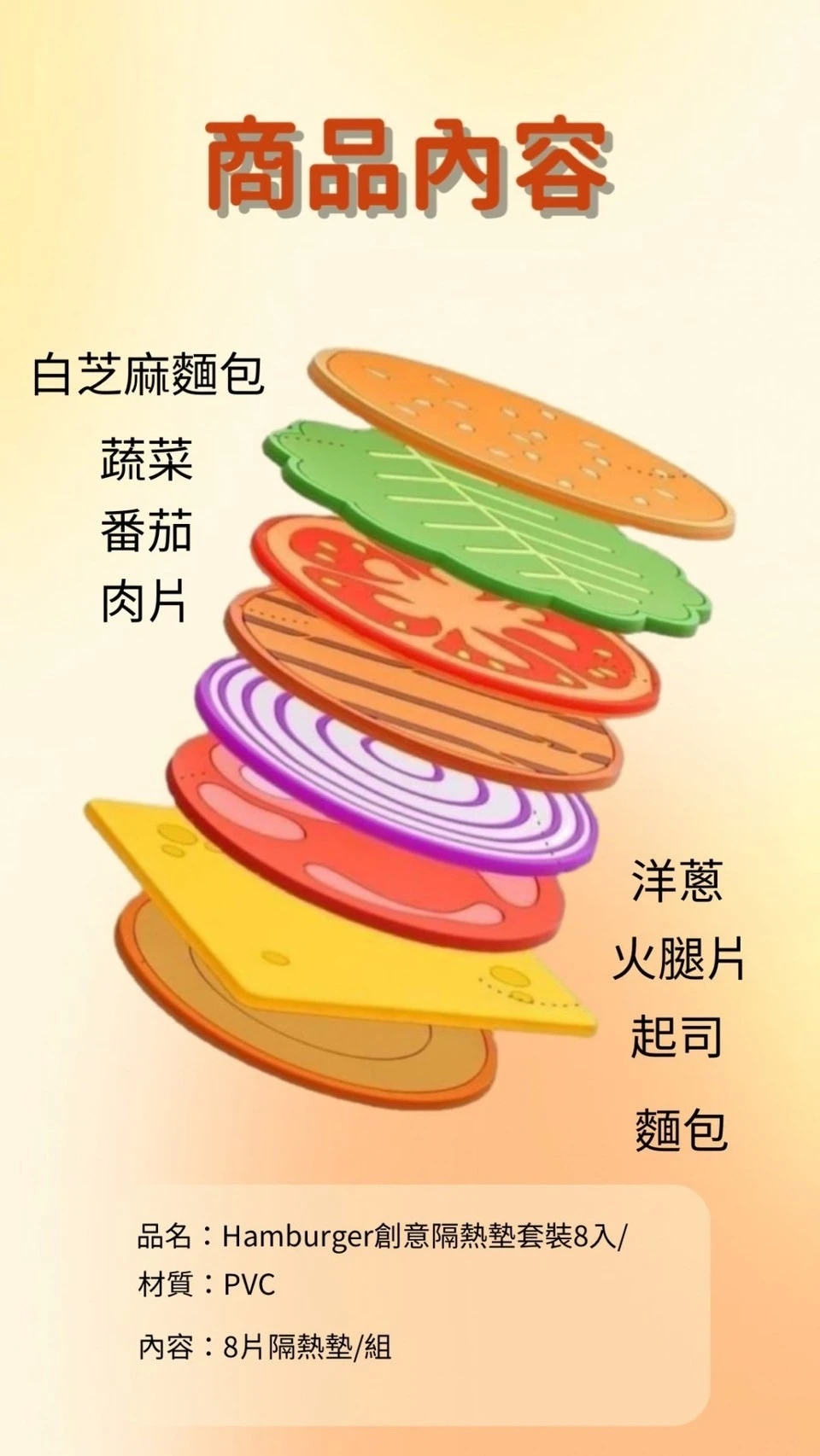 可愛創意漢堡隔熱墊套裝8入/組【免運】