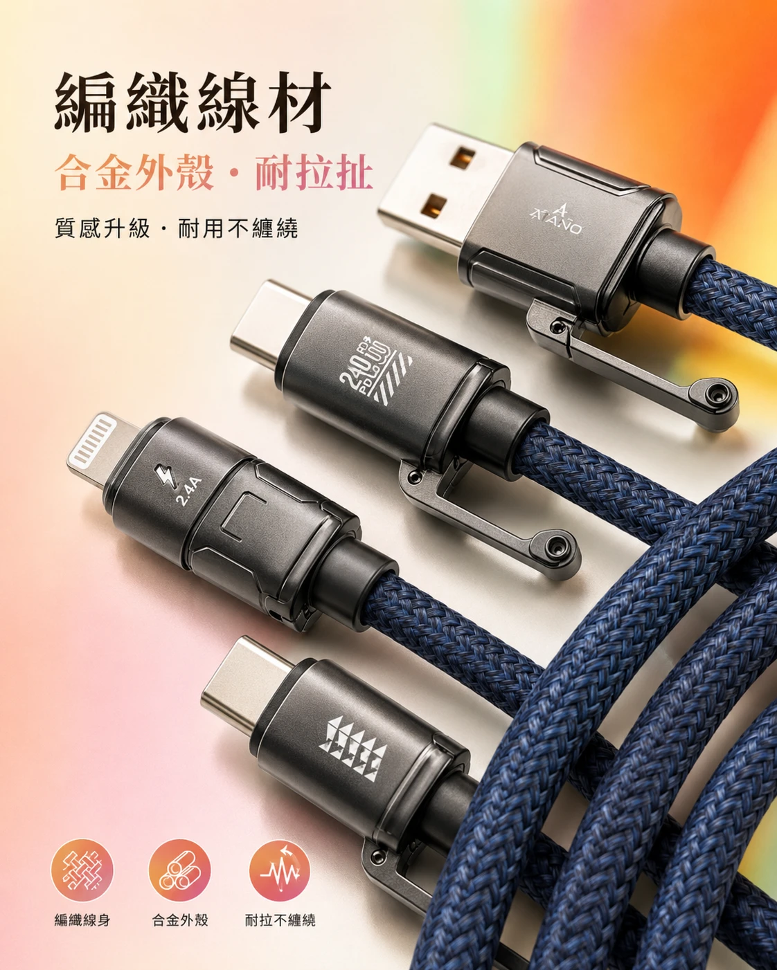 阿塔諾AtANO4合1編織快充充電線【2入免運】