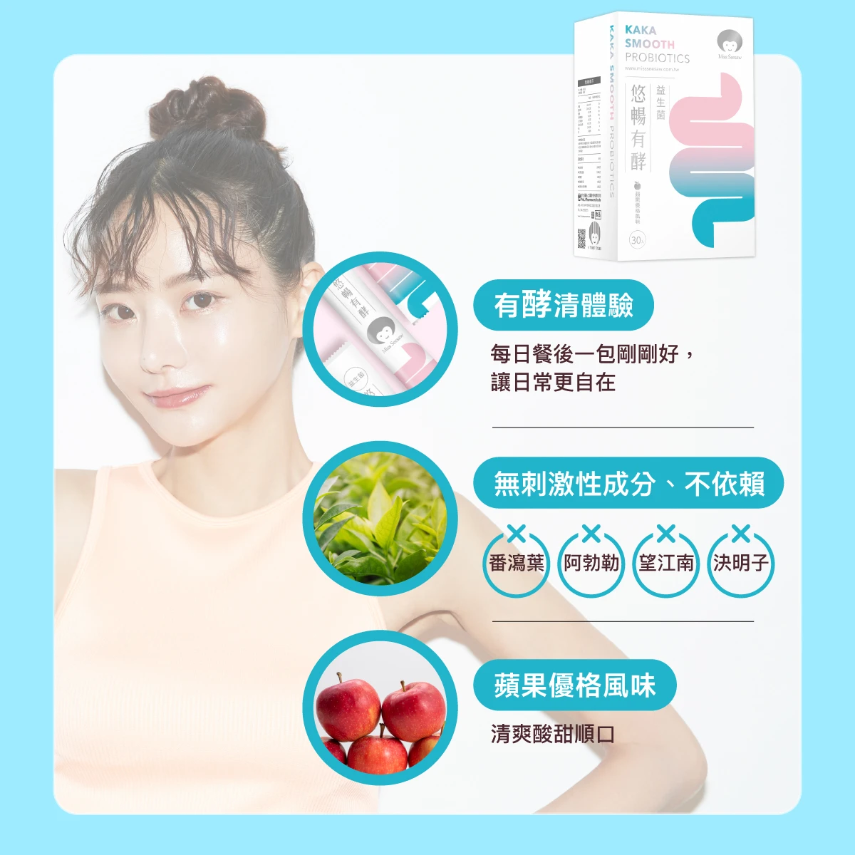 每日餐後一包 ,無刺激性成分、不依賴,蘋果優格風味,清爽酸甜順口