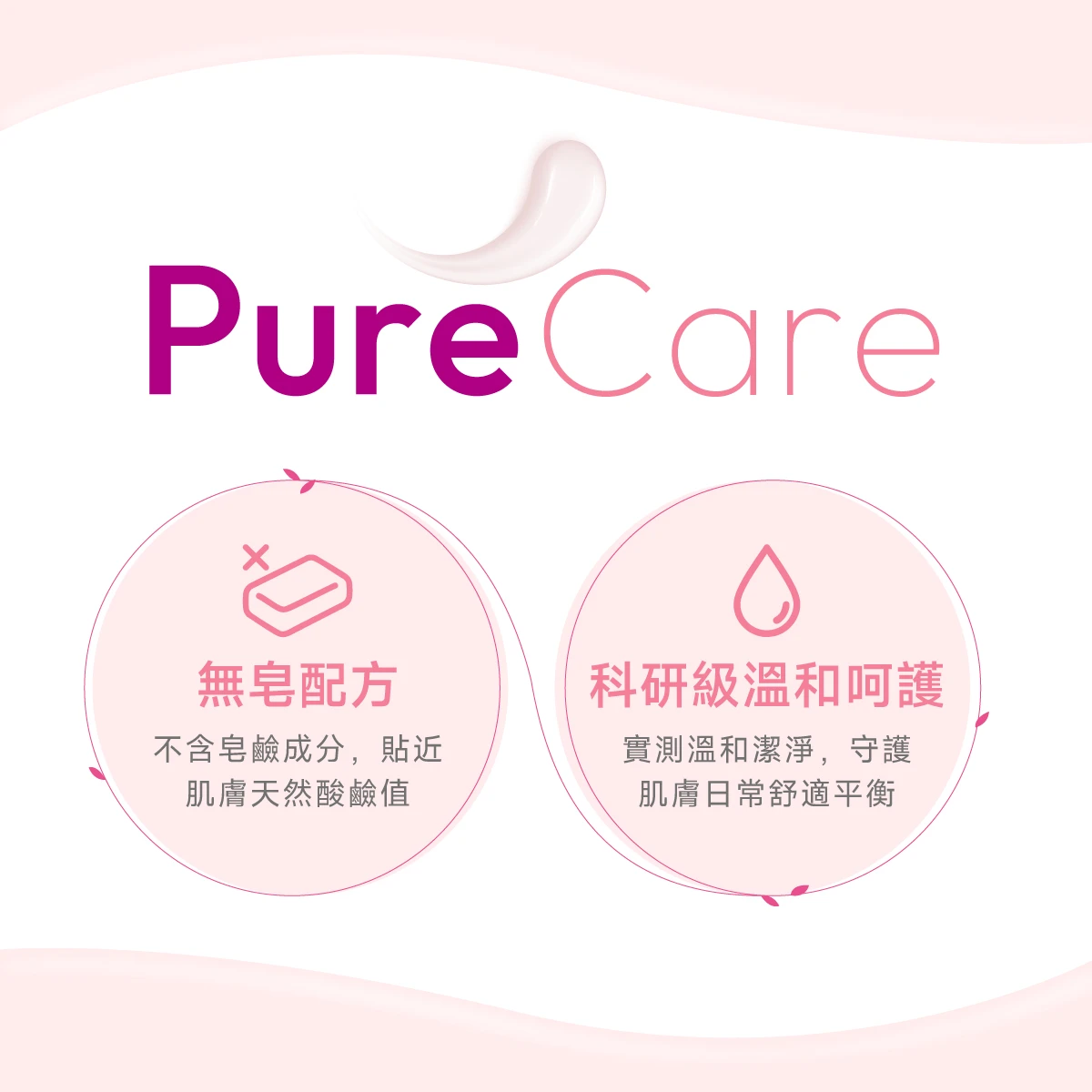 絲膚潔帶來最純粹的PureCare，不含皂鹼成分，貼近肌膚天然酸鹼值；科研級溫和呵護與潔淨肌膚日常舒適平衡。