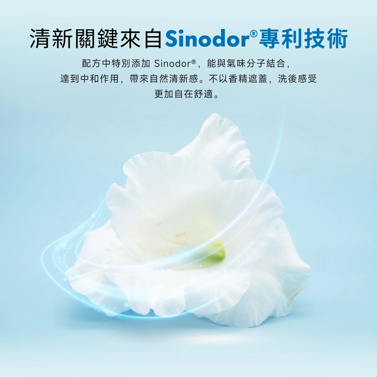 清新關鍵來自Sinodor專利技術，能與氣味分子結合，達到中和作用，帶來自然清新感。不以香精遮蓋，洗後感受更加自在舒適