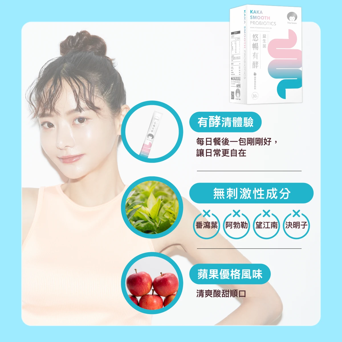 每日餐後一包 ,無刺激性成分、不依賴,蘋果優格風味,清爽酸甜順口