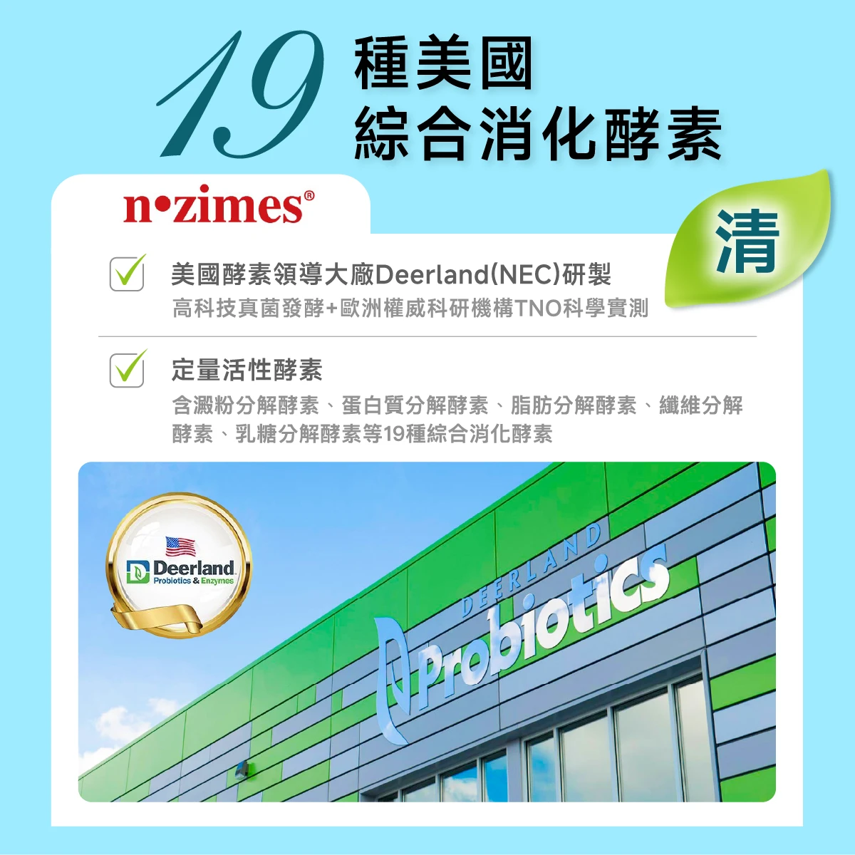 19種美國綜合酵素,幫助消化,美國酵素領導大廠Deerland(NEC), 高科技真菌發酵+ 歐洲權威科研機構TNO 科學實測,定量活性酵素