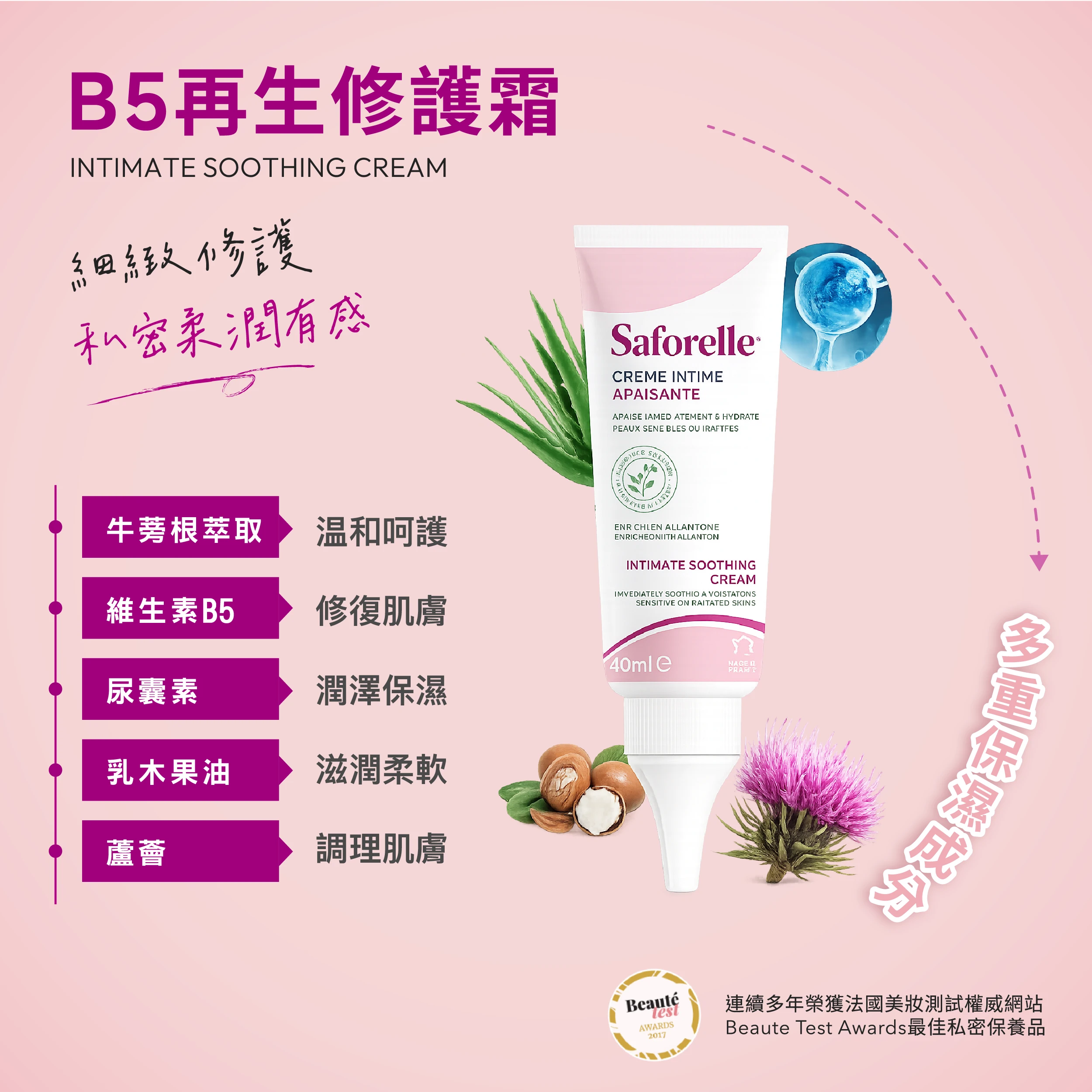 絲膚潔B5再生修護霜，每天使用 1-2 次，溫和保濕配方，給予私密肌膚細緻呵護。絲滑質地，快速吸收不厚重，搭配維生素B5 &times; 乳木果油 &times; 尿囊素 &times; 牛蒡萃取 &times; 蘆薈，多重滋潤與修護感受，讓私密肌膚保持柔嫩水潤，親膚又舒適。