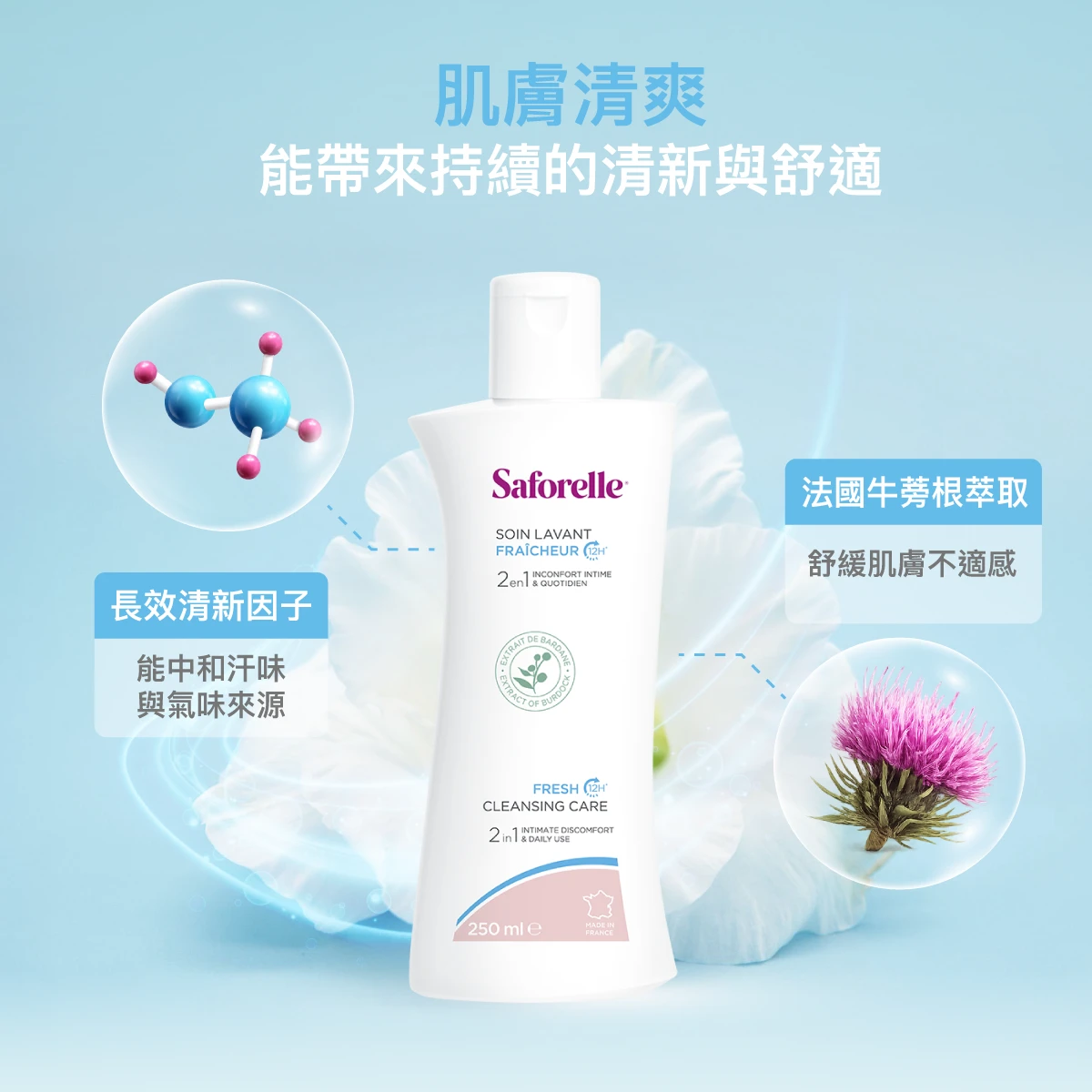 長效清新因子，能與氣味分子結合，達到中和作用，帶來自然清新感。不以香精遮蓋，洗後感受更加自在舒適