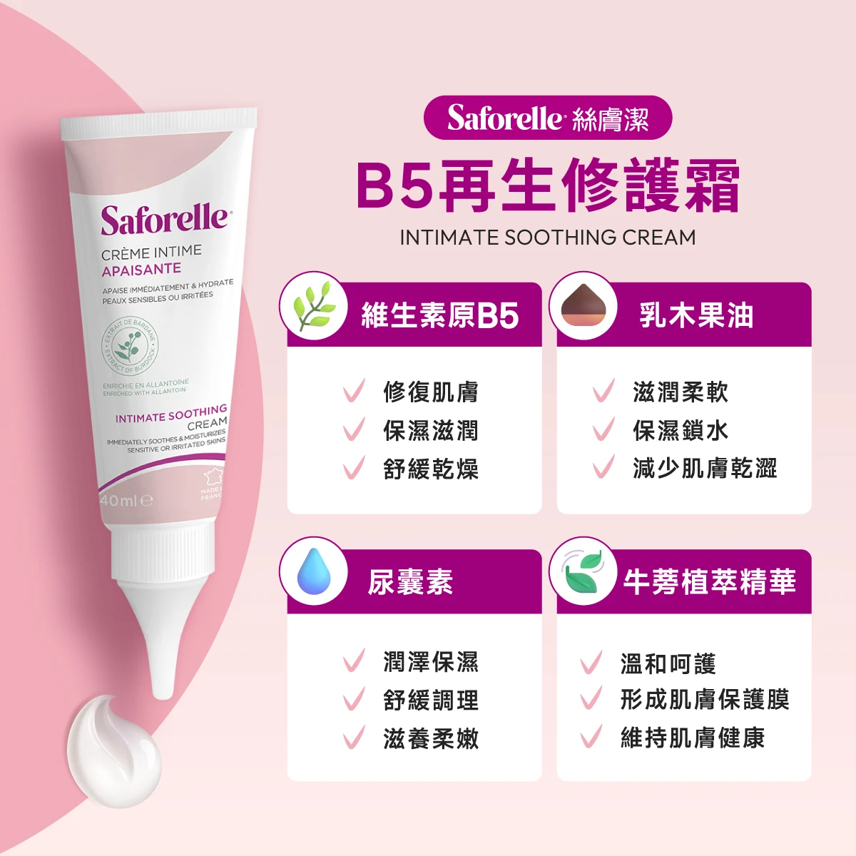 維生素B5、乳木果油、尿囊素與法國植萃牛蒡，多重保濕修護與舒緩呵護，讓私密肌膚柔嫩水潤，安心親膚