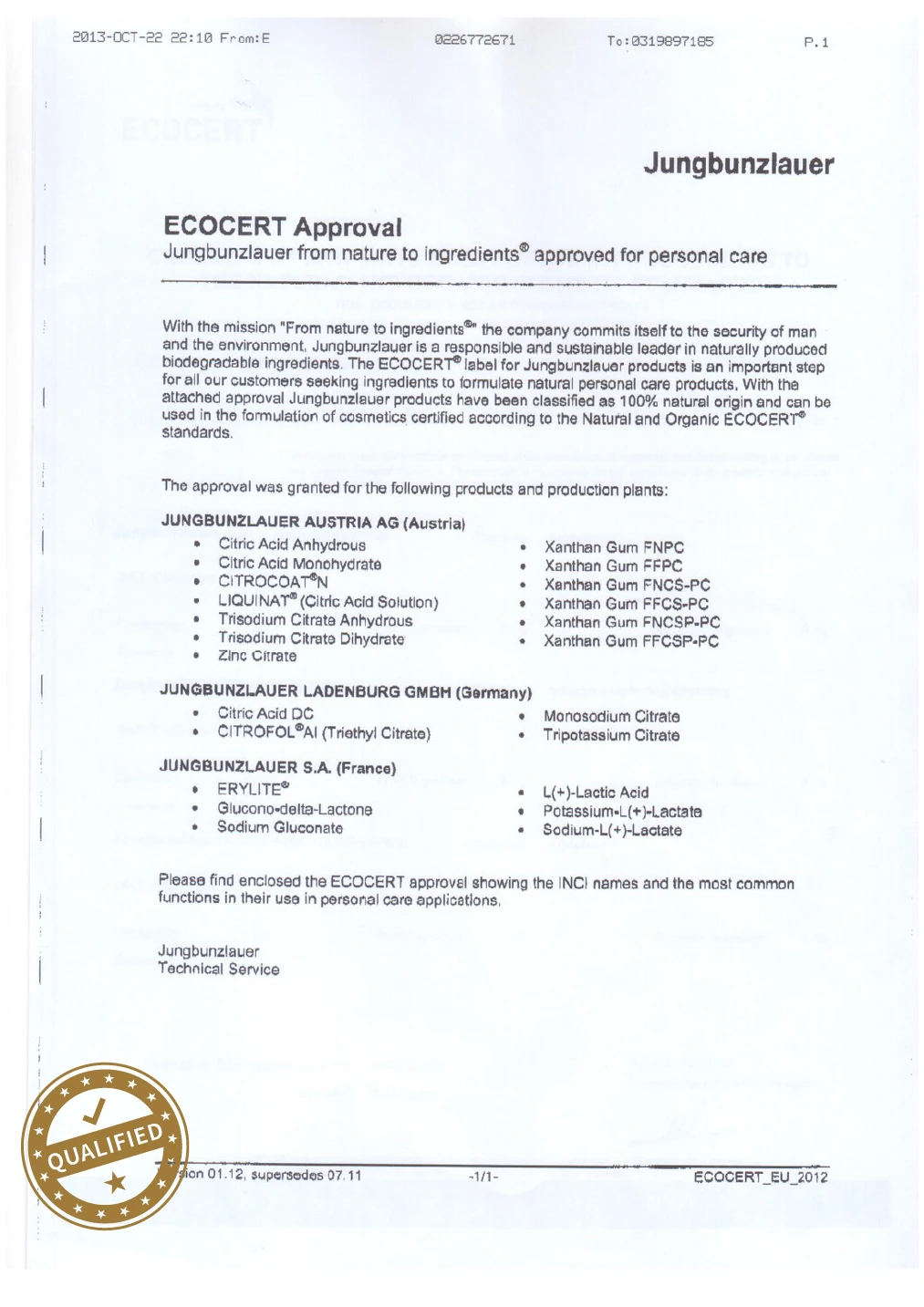 法國 ECOCERT 天然來源批准書