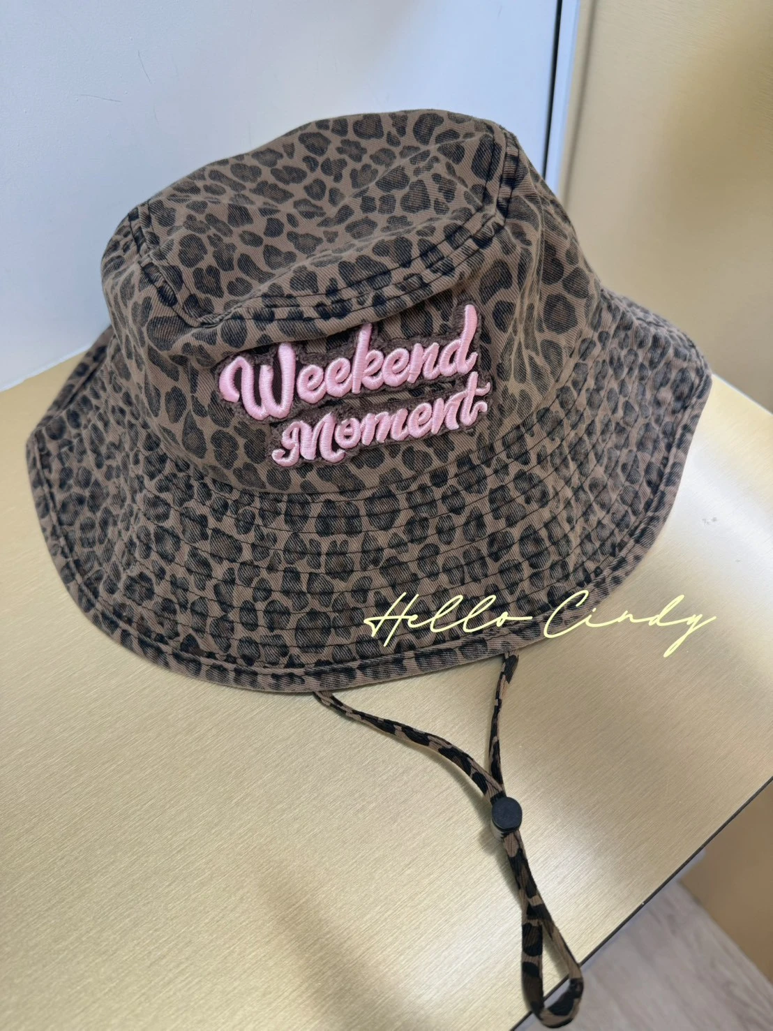 07076 韓國同款超甜美粉色刺繡豹紋漁夫帽