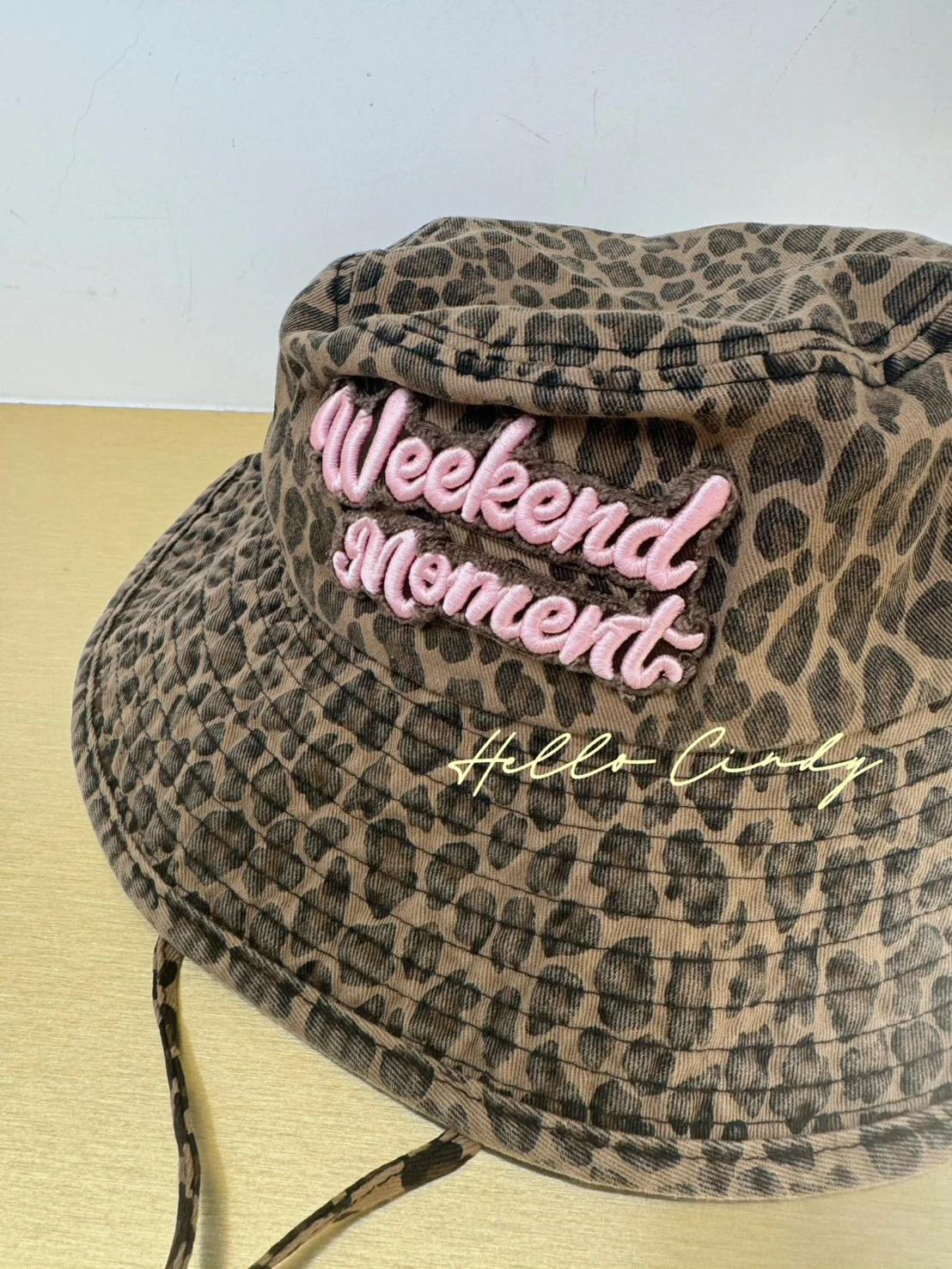 07076 韓國同款超甜美粉色刺繡豹紋漁夫帽
