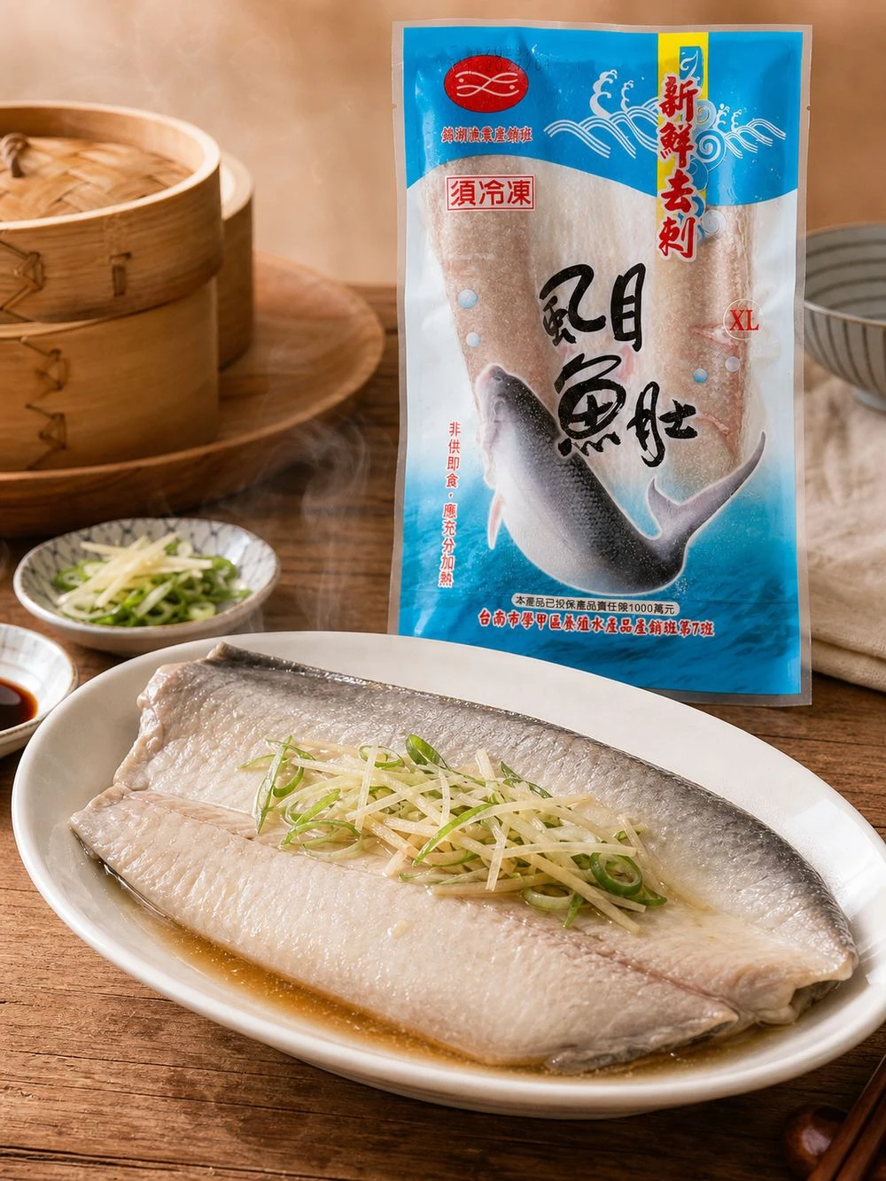 台灣去刺虱目魚肚180g冷凍包裝與清蒸料理情境