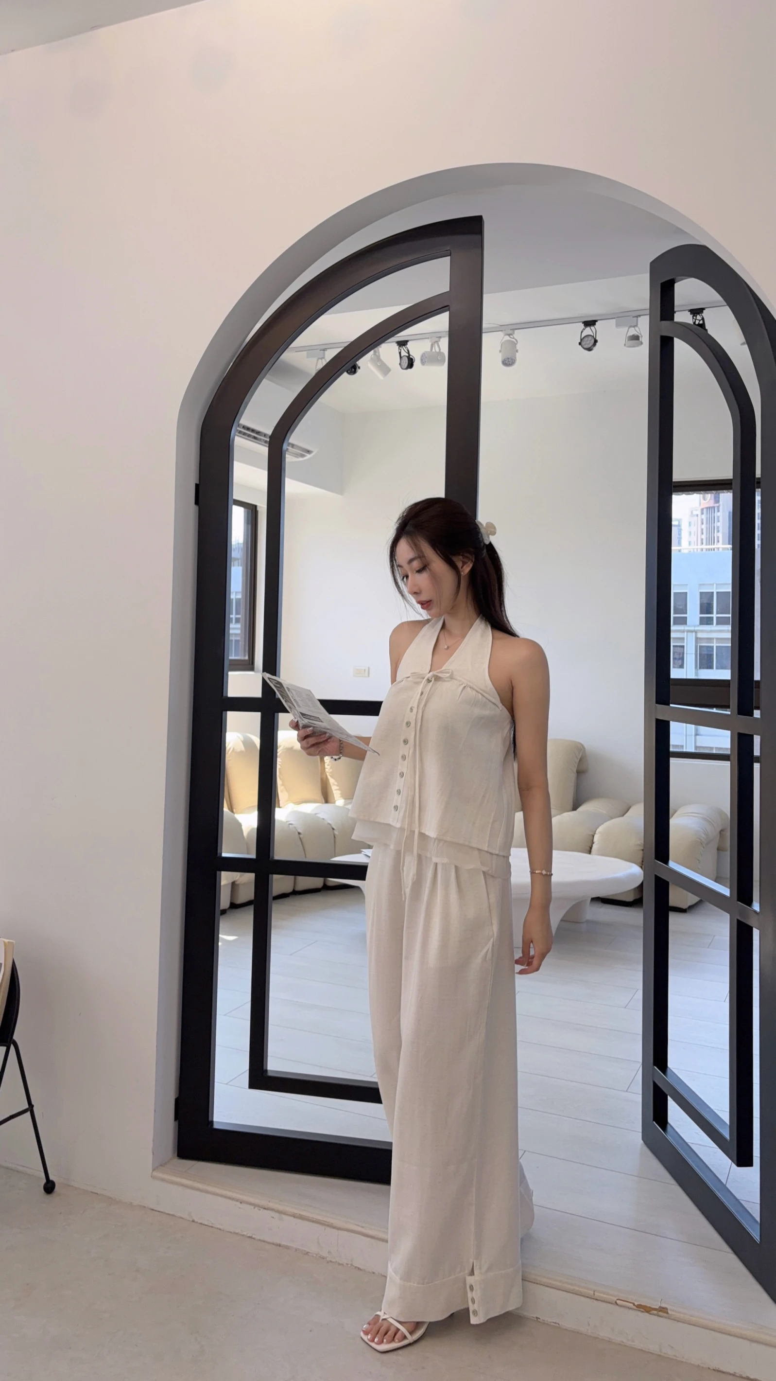 氣質甜美｜鈕扣綁帶美背棉麻套裝