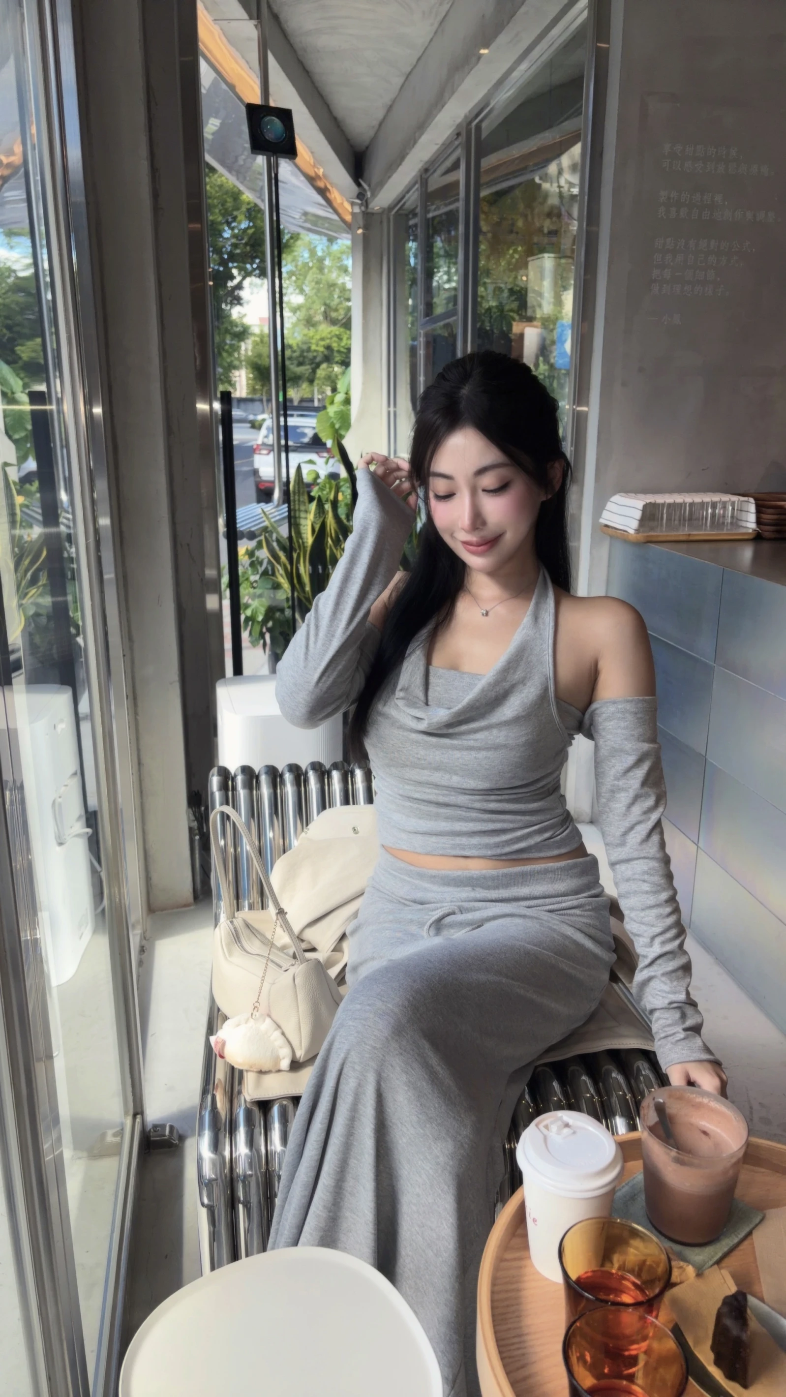 🇰🇷韓國造型繞脖袖套上衣+反折長裙套裝