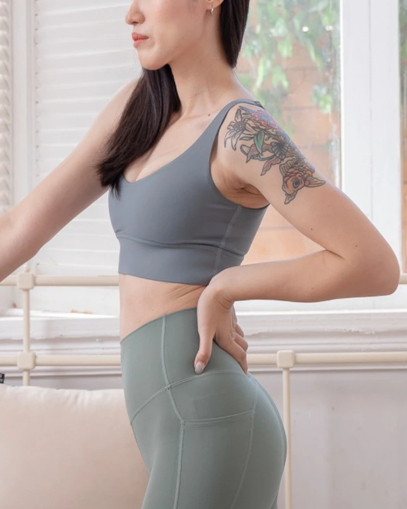 不跑杯深V集中副乳消失運動內衣-炭藍