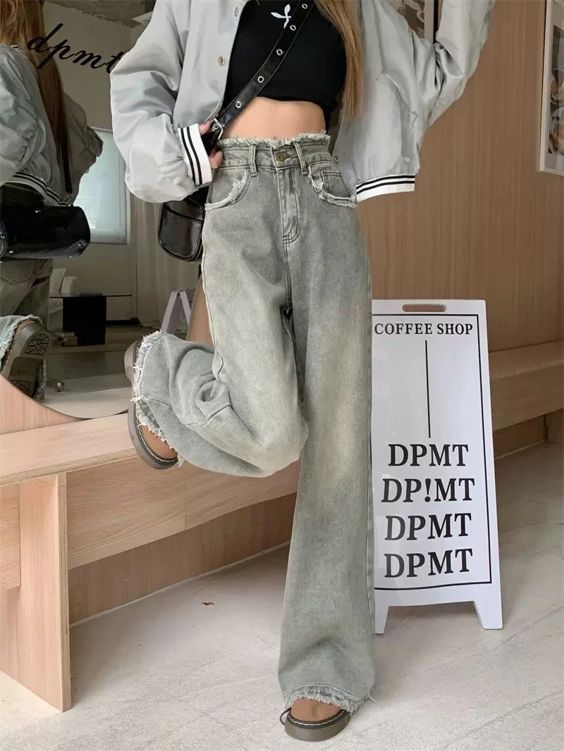 毛邊顯瘦闊腿牛仔褲